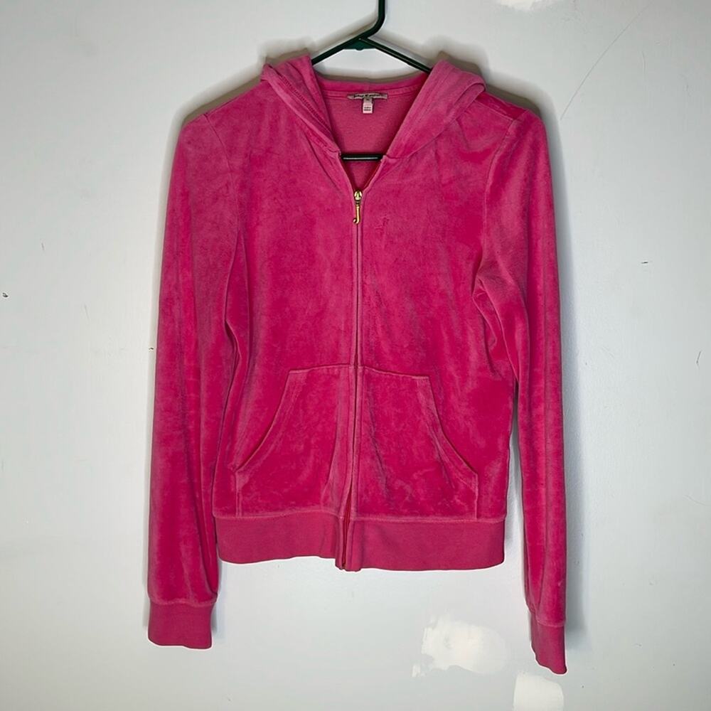 JUICY COUTURE Pink w/ Gold Glitter Logo Velvet Like Zip Front Hooded Sweatshirt
